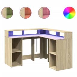 Berkfield Home Desk with LED Lights Sonoma Oak 130x130x91 cm Engineered Wood in Brown - Size: 130 x 130 x 91 cm - thumbnail 1