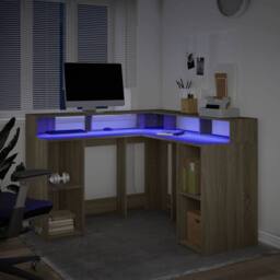 Berkfield Home Desk with LED Lights Sonoma Oak 130x130x91 cm Engineered Wood in Brown - Size: 130 x 130 x 91 cm - thumbnail 5