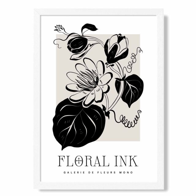 ARTZE Tropical Flowers in Black & Beige Floral Ink Sketch Framed Print SIZE: A2 with White Frame - Size: A4 - image 1
