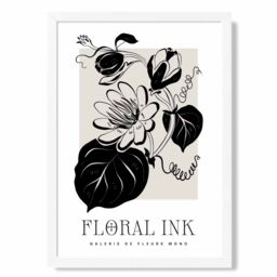 ARTZE Tropical Flowers in Black & Beige Floral Ink Sketch Framed Print SIZE: A2 with White Frame - Size: A4 - thumbnail 1
