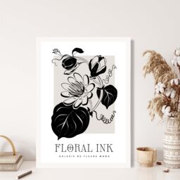 ARTZE Tropical Flowers in Black & Beige Floral Ink Sketch Framed Print SIZE: A2 with White Frame - Size: A4 - thumbnail 2