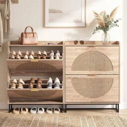 KORVIXA Slimline Entryway Shoe Rack Cabinet Natural Faux Rattan 24cm in Brown - Size: 100 cm - thumbnail 4