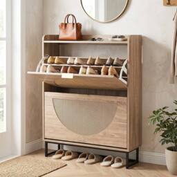 KORVIXA Slimline Entryway Shoe Rack Cabinet Natural Faux Rattan 24cm in Brown - Size: 100 cm - thumbnail 3