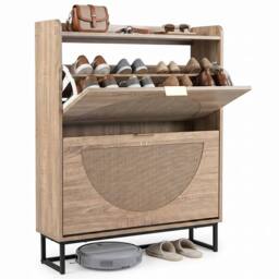 KORVIXA Slimline Entryway Shoe Rack Cabinet Natural Faux Rattan 24cm in Brown - Size: 100 cm - thumbnail 1