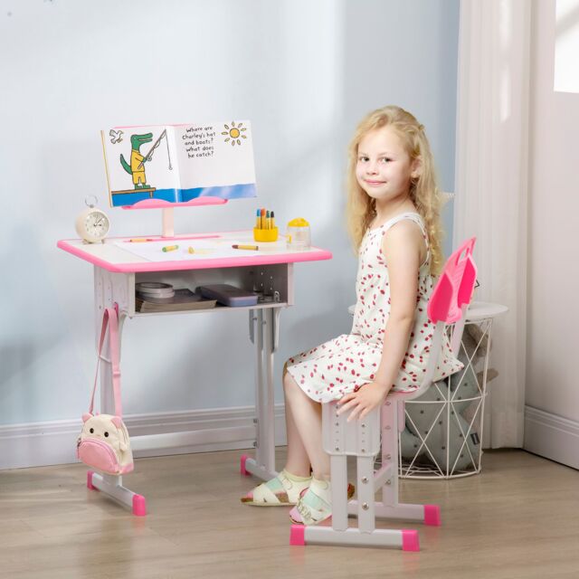 HOMCOM Kids Desk & Chair Set Adjustable Height Study Table Set w/ Drawer in Pink - image 1