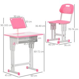 HOMCOM Kids Desk & Chair Set Adjustable Height Study Table Set w/ Drawer in Pink - thumbnail 3