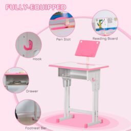HOMCOM Kids Desk & Chair Set Adjustable Height Study Table Set w/ Drawer in Pink - thumbnail 6