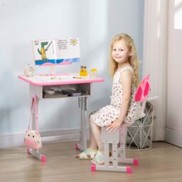 HOMCOM Kids Desk & Chair Set Adjustable Height Study Table Set w/ Drawer in Pink - thumbnail 1