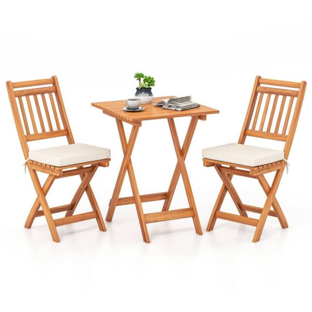 Costway Folding Chair Table Set Outdoor Wood Bistro Set with Cushions in White - image 1