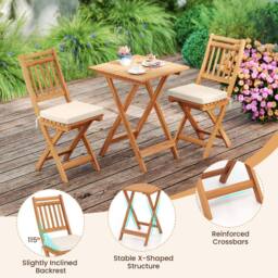 Costway Folding Chair Table Set Outdoor Wood Bistro Set with Cushions in White - thumbnail 5