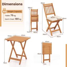 Costway Folding Chair Table Set Outdoor Wood Bistro Set with Cushions in White - thumbnail 2