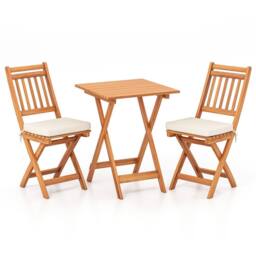 Costway Folding Chair Table Set Outdoor Wood Bistro Set with Cushions in White - thumbnail 4