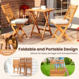 Costway Folding Chair Table Set Outdoor Wood Bistro Set with Cushions in White - thumbnail 8