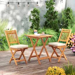 Costway Folding Chair Table Set Outdoor Wood Bistro Set with Cushions in White - thumbnail 3