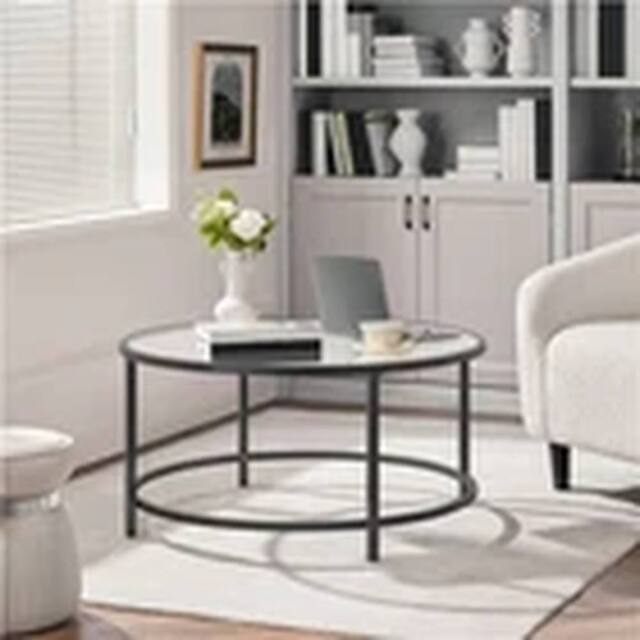 EONLION Black Round Glass Coffee Table Metal Frame for Living Room - image 1
