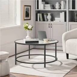 EONLION Black Round Glass Coffee Table Metal Frame for Living Room