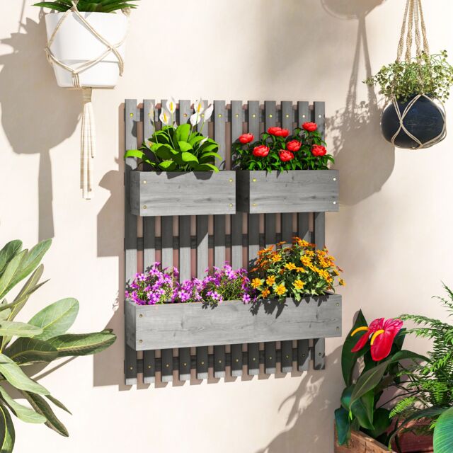 OUTSUNNY Wooden Garden Planters with Trellis Wall-mounted Raised Garden Bed in Grey - image 1
