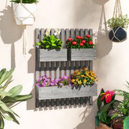 OUTSUNNY Wooden Garden Planters with Trellis Wall-mounted Raised Garden Bed in Grey - thumbnail 1