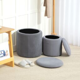 HOMCOM Fabric Storage Ottoman with Removable Lid, Set of 2, Light Grey - thumbnail 1