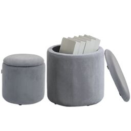 HOMCOM Fabric Storage Ottoman with Removable Lid, Set of 2, Light Grey - thumbnail 2