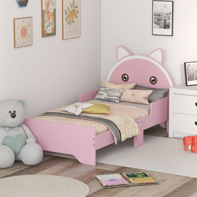 ZONEKIZ Toddler Bed Frame Cat Design Bed with Guardrails 143L x 74W x 72Hcm - Pink - Size: Small Single - image 1