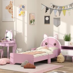 ZONEKIZ Toddler Bed Frame Cat Design Bed with Guardrails 143L x 74W x 72Hcm - Pink - Size: Small Single - thumbnail 2