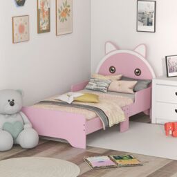 ZONEKIZ Toddler Bed Frame Cat Design Bed with Guardrails 143L x 74W x 72Hcm - Pink - Size: Small Single