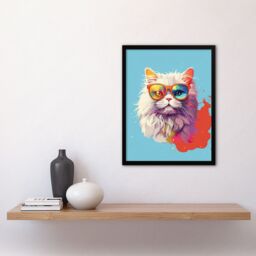 "Artery8 Wall Art Print Persian Cat with Retro Sunglasses Gift Pet Portrait Baby Blue Orange Purple Artwork Painting Art Framed - Size: W12"" x H16""" - thumbnail 4