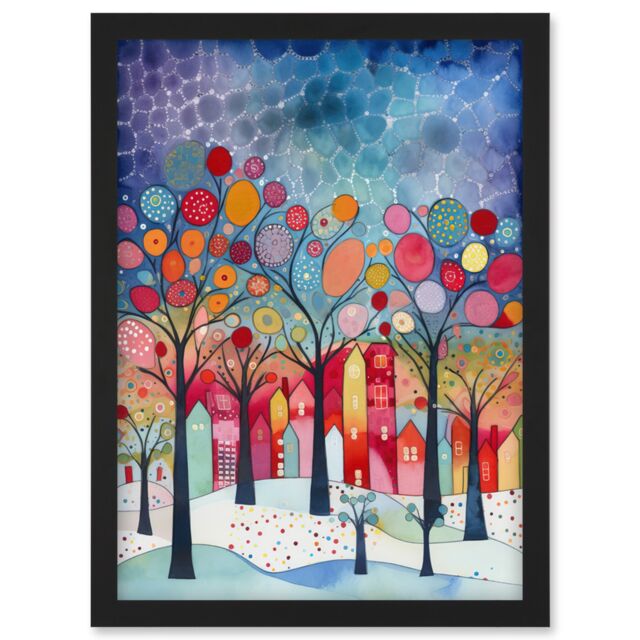Artery8 Winter Abstract Village Folk Art Artwork Framed Wall Art Print A4 in Black - image 1