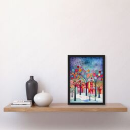 Artery8 Winter Abstract Village Folk Art Artwork Framed Wall Art Print A4 in Black - thumbnail 2