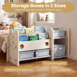 CASART 2-in-1 Kids Toy Storage Organizer w/Bookshelf 2-Tier Bookcase w/4-Box - thumbnail 5