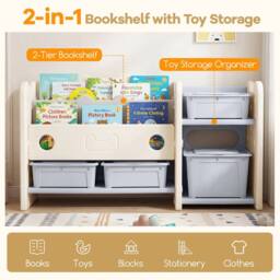 CASART 2-in-1 Kids Toy Storage Organizer w/Bookshelf 2-Tier Bookcase w/4-Box - thumbnail 4