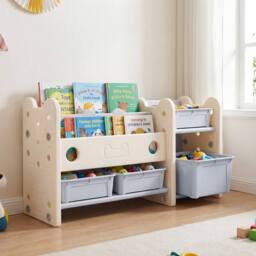 CASART 2-in-1 Kids Toy Storage Organizer w/Bookshelf 2-Tier Bookcase w/4-Box
