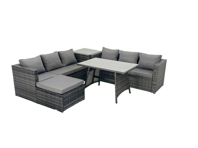 Fimous Rattan Dining Table Sofa Set with Side Table 2 Big Footstools Outdoor in Dark Grey - image 1