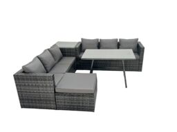 Fimous Rattan Dining Table Sofa Set with Side Table 2 Big Footstools Outdoor in Dark Grey - thumbnail 2