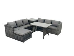 Fimous Rattan Dining Table Sofa Set with Side Table 2 Big Footstools Outdoor in Dark Grey - thumbnail 1