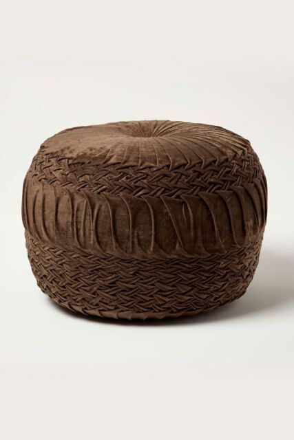 Homescapes Sofia Pleated Velvet Pouffe in Brown - image 1