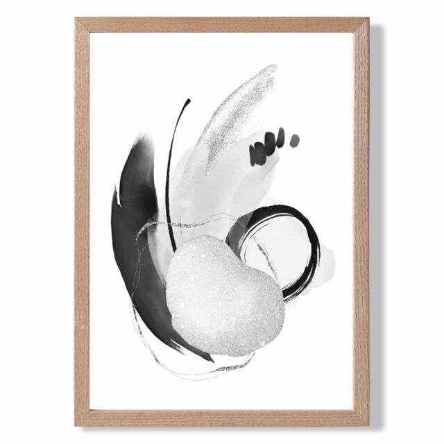 ARTZE Abstract Black & White Watercolour Shapes Framed Print SIZE: A3 with Oak Frame - Size: A4 - image 1
