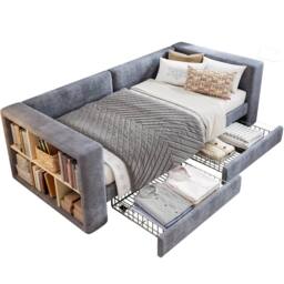 Rolipo 3FT Single Bed Grey Velvet Daybed Sofa Bed with Storage Drawers - thumbnail 9