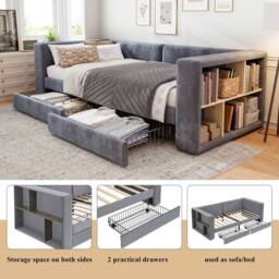 Rolipo 3FT Single Bed Grey Velvet Daybed Sofa Bed with Storage Drawers - thumbnail 4