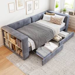 Rolipo 3FT Single Bed Grey Velvet Daybed Sofa Bed with Storage Drawers - thumbnail 1