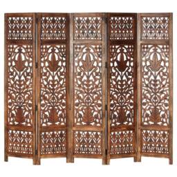 Berkfield Home Hand Carved 5-Panel Room Divider Brown 200x165 cm Solid Mango Wood in Grey - thumbnail 2