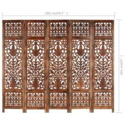 Berkfield Home Hand Carved 5-Panel Room Divider Brown 200x165 cm Solid Mango Wood in Grey - thumbnail 6
