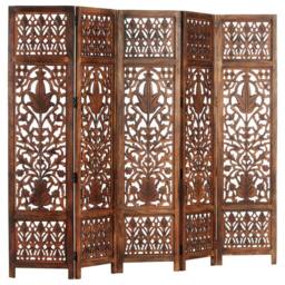 Berkfield Home Hand Carved 5-Panel Room Divider Brown 200x165 cm Solid Mango Wood in Grey - thumbnail 1