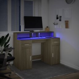 Berkfield Home Desk with LED Lights Sonoma Oak 120x55x91 cm Engineered Wood in Brown - Size: 120 x 55 x 91 cm - thumbnail 5