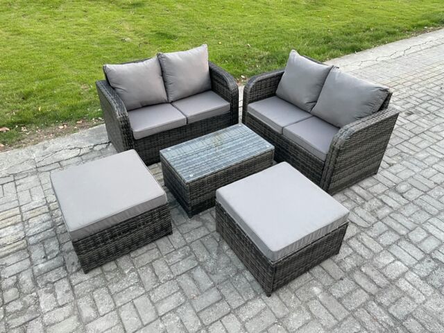 Fimous Rattan Garden Furniture Set 6 Seater Patio Outdoor Lounge Sofa Set with Rectangular Coffee Table 2 Big Footstool in Dark Grey - image 1