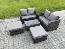 Fimous Rattan Garden Furniture Set 6 Seater Patio Outdoor Lounge Sofa Set with Rectangular Coffee Table 2 Big Footstool in Dark Grey - thumbnail 2