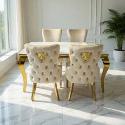 HOME LUXE INTERIOR Sofia 1.5m Cream & Gold Marble Table & 4 Victoria Mink Lion Chairs - thumbnail 2