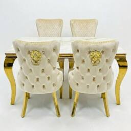 HOME LUXE INTERIOR Sofia 1.5m Cream & Gold Marble Table & 4 Victoria Mink Lion Chairs