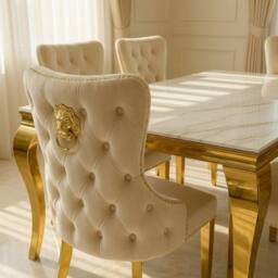 HOME LUXE INTERIOR Sofia 1.5m Cream & Gold Marble Table & 4 Victoria Mink Lion Chairs - thumbnail 7
